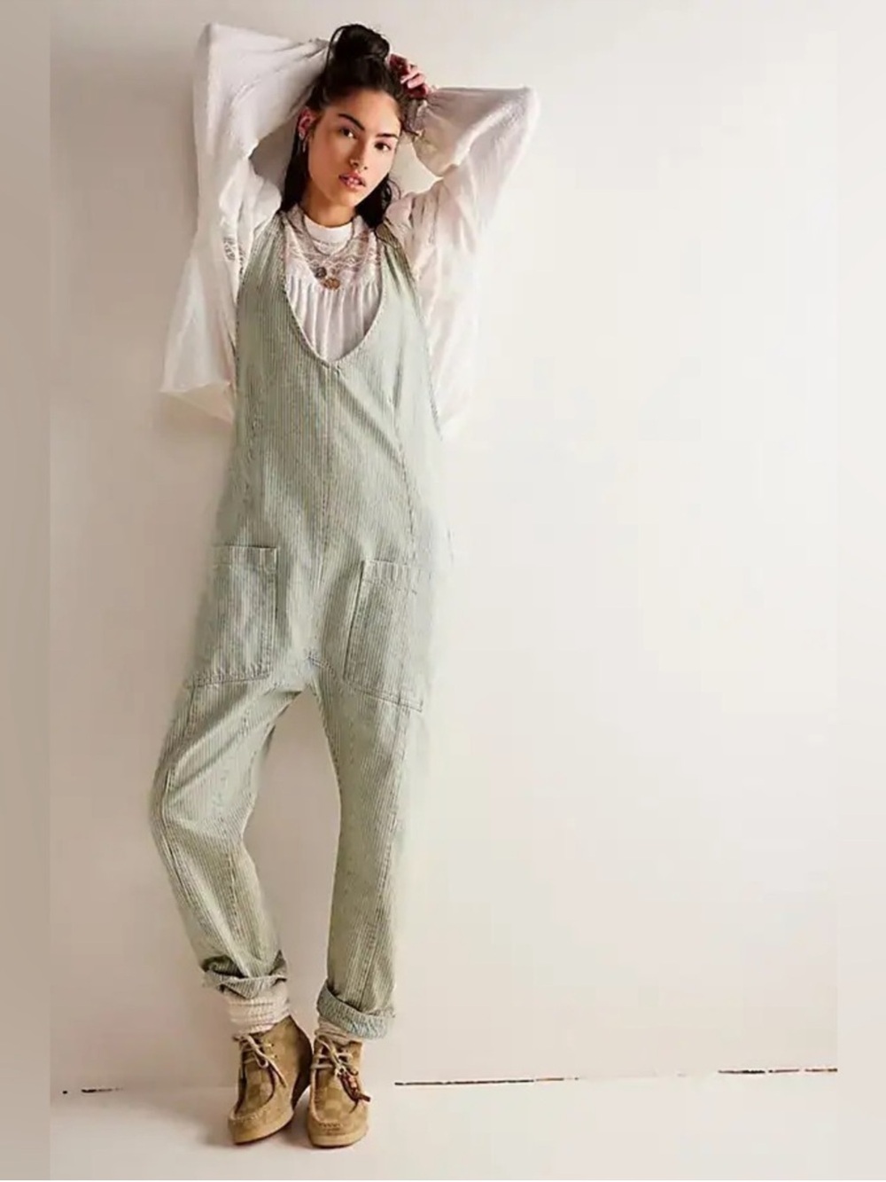Free People Pillow Talk Stripe Denim Overalls
